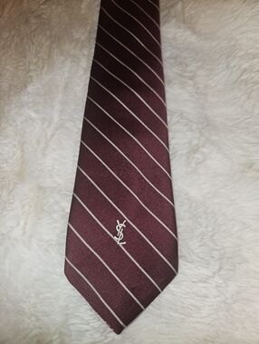 Vintage YSL Yves Saint Laurent Neck Tie Striped Maroon Burgundy Classic 54" x 3"